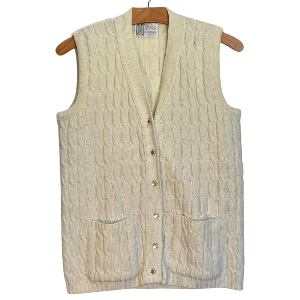 Billie Jo Vintage Fisherman Cable Knit Sweater Vest Cream V-Neck Button Front S